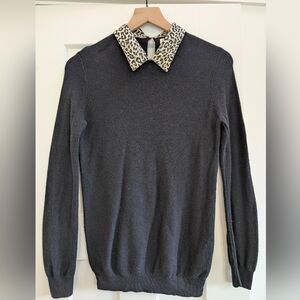 J.Crew Women's Black Knit Sweater with Leopard Print Collar